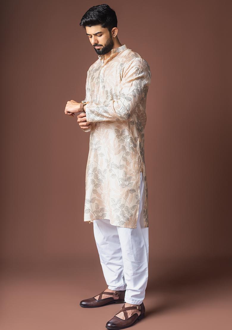 Off White Printed Viscose Kurta For Men