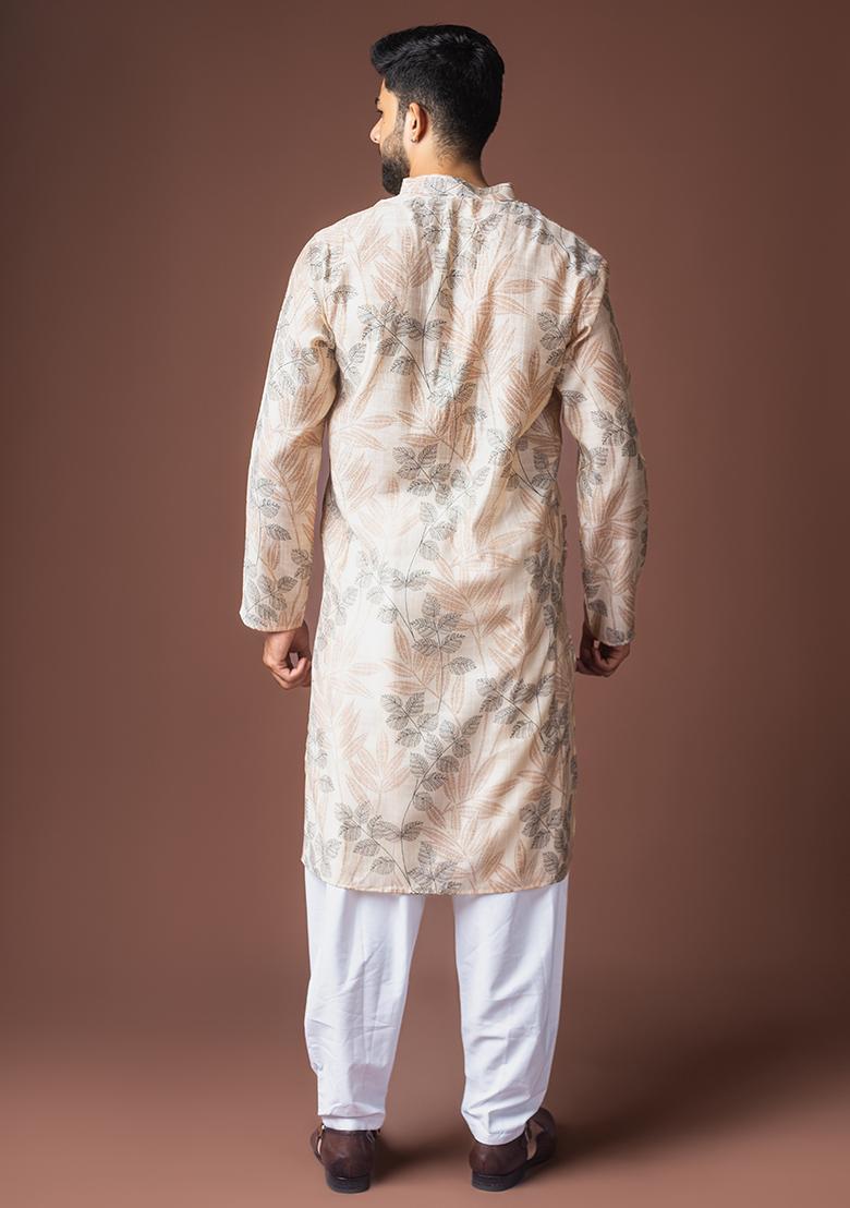 Off White Printed Viscose Kurta For Men