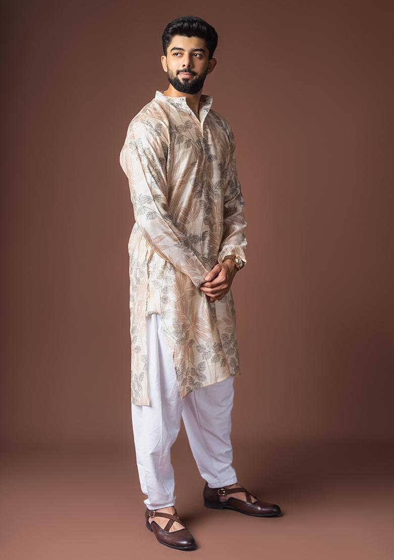 Off White Printed Viscose Kurta For Men