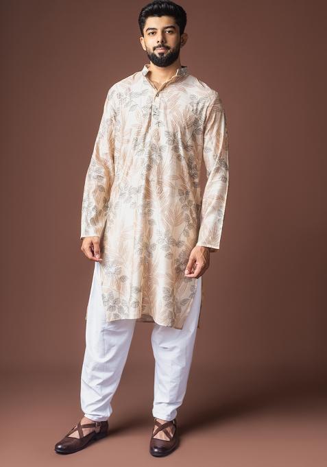 Off White Printed Viscose Kurta For Men