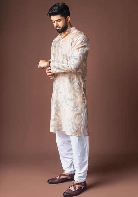 Off White Printed Viscose Kurta For Men