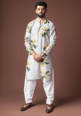 Grey Printed Viscose Kurta For Men