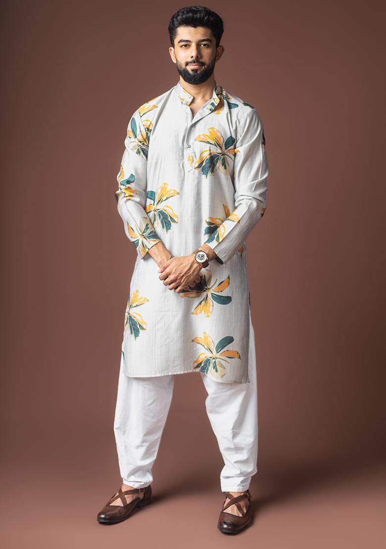 Grey Printed Viscose Kurta For Men