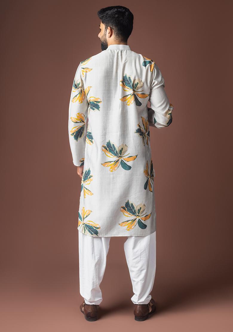 Grey Printed Viscose Kurta For Men