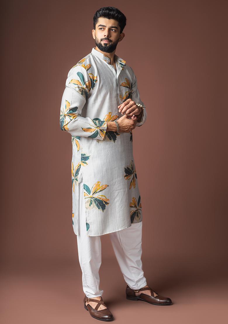 Grey Printed Viscose Kurta For Men