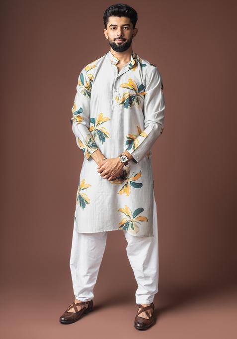 Grey Printed Viscose Kurta For Men