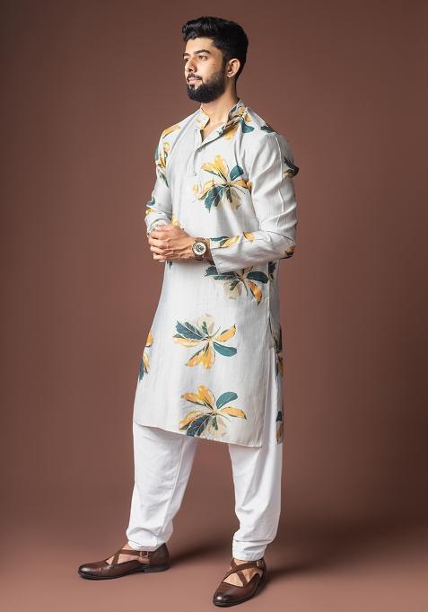Grey Printed Viscose Kurta For Men