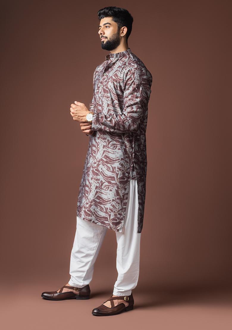 Wine Printed Viscose Kurta For Men