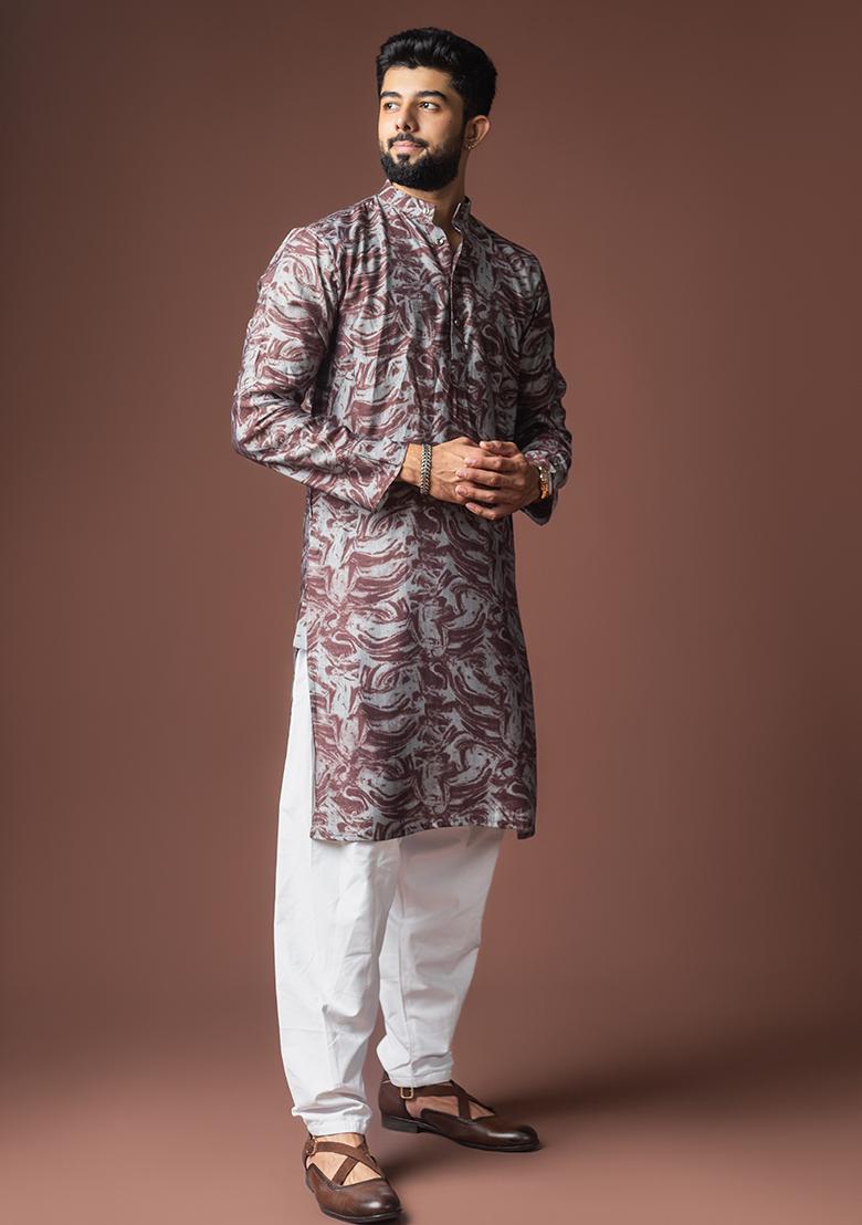 Wine Printed Viscose Kurta For Men