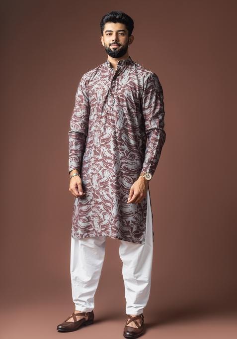 Wine Printed Viscose Kurta For Men