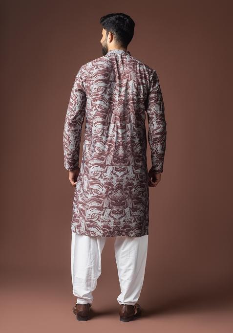 Wine Printed Viscose Kurta For Men
