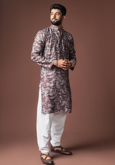 Wine Printed Viscose Kurta For Men