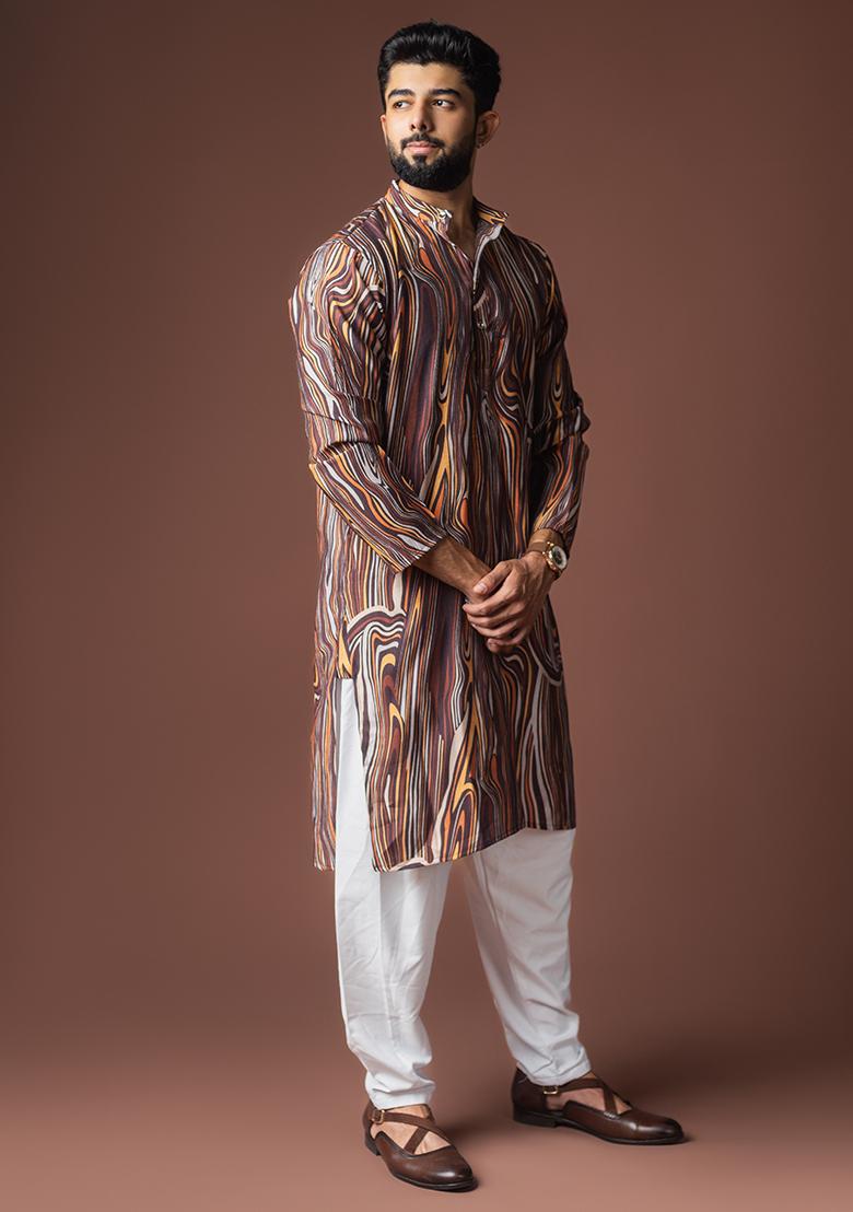 Multicolor Printed Viscose Kurta For Men