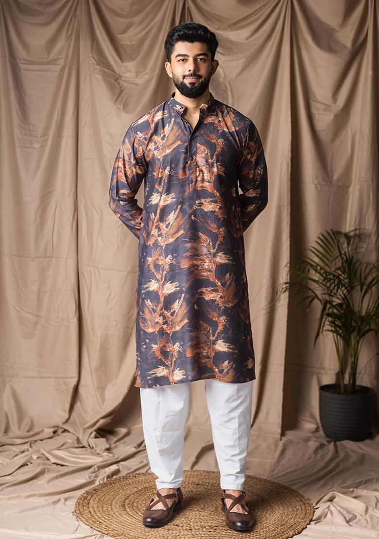 Black Printed Viscose Kurta For Men