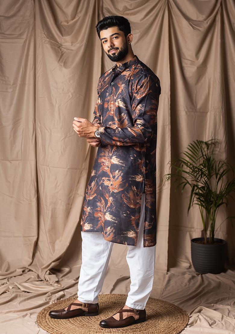 Black Printed Viscose Kurta For Men