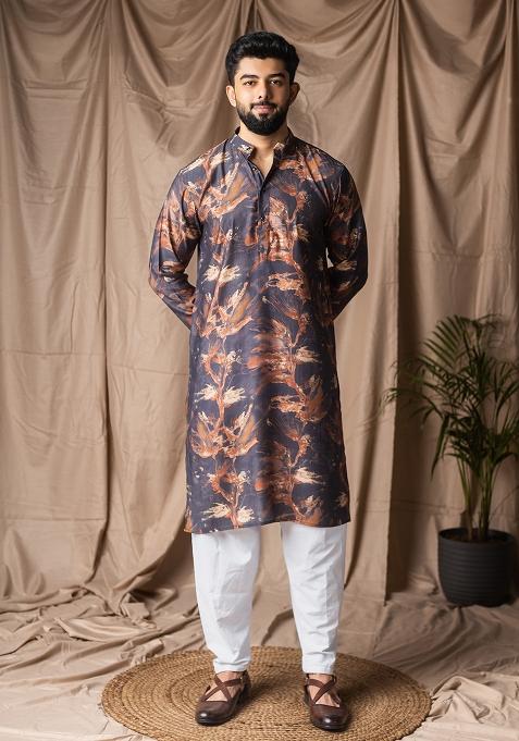Black Printed Viscose Kurta For Men