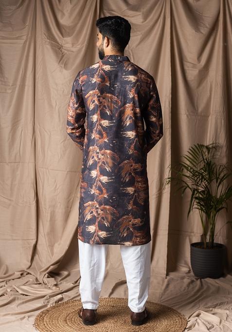 Black Printed Viscose Kurta For Men