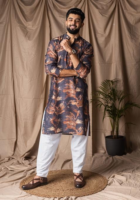 Black Printed Viscose Kurta For Men