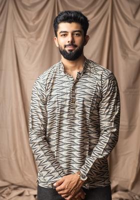 Cream Printed Blended Linen Short Kurta For Men