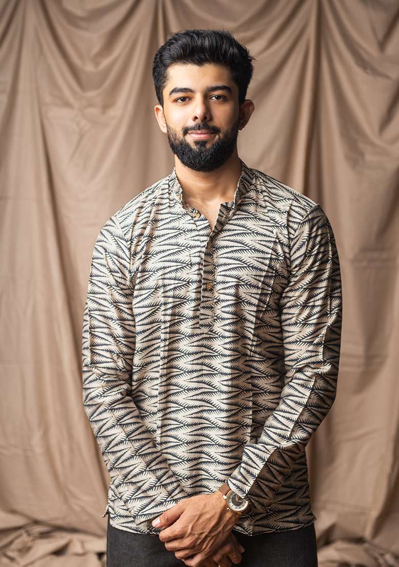 Cream Printed Blended Linen Short Kurta For Men - Indya