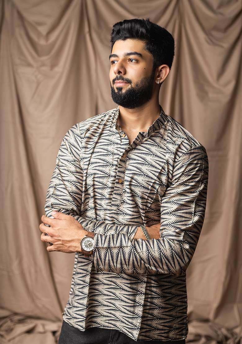 Cream Printed Blended Linen Short Kurta For Men - Indya