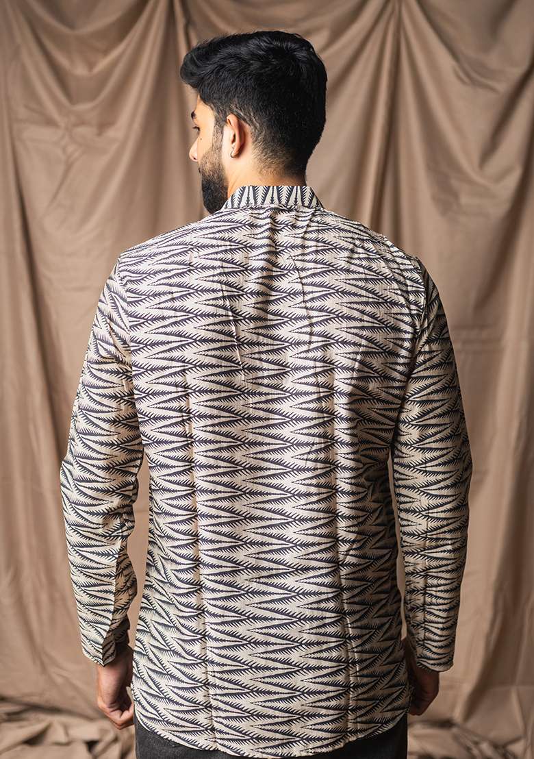 Cream Printed Blended Linen Short Kurta For Men - Indya