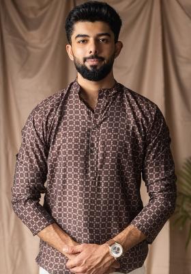Brown Printed Blended Linen Short Kurta For Men