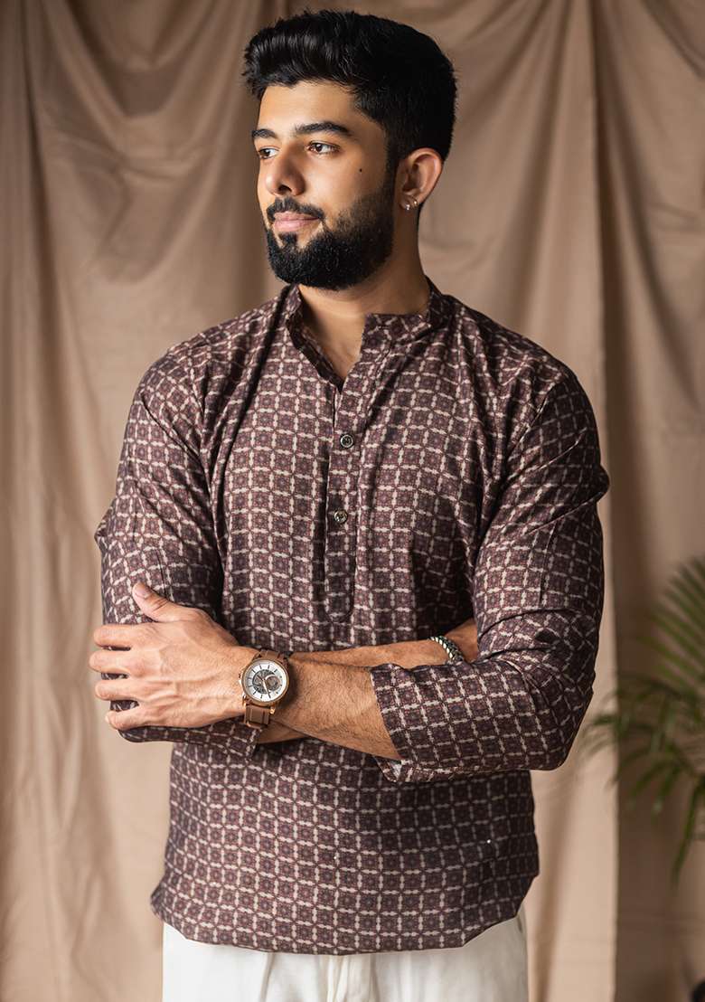Brown Printed Blended Linen Short Kurta For Men - Indya