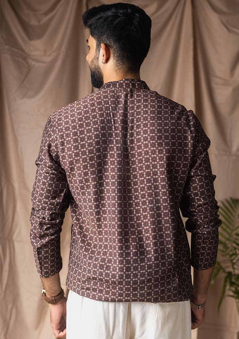 Brown Printed Blended Linen Short Kurta For Men - Indya
