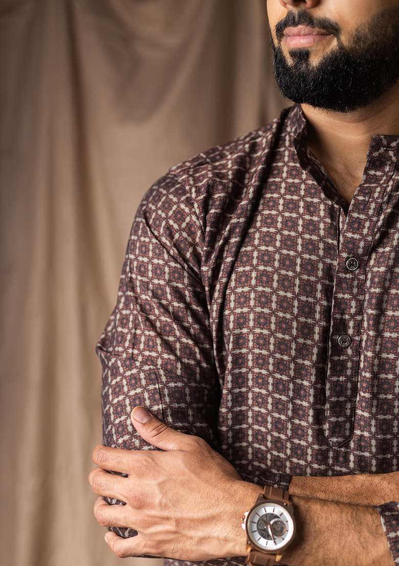 Brown Printed Blended Linen Short Kurta For Men - Indya