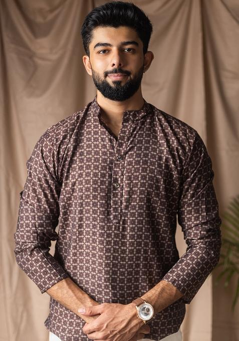 Brown Printed Blended Linen Short Kurta For Men