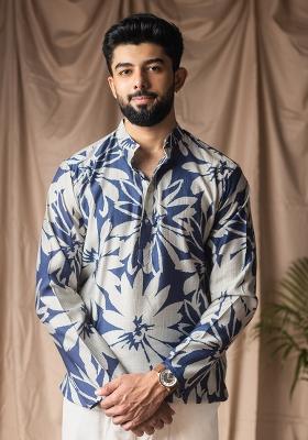 Blue Printed Blended Linen Short Kurta For Men