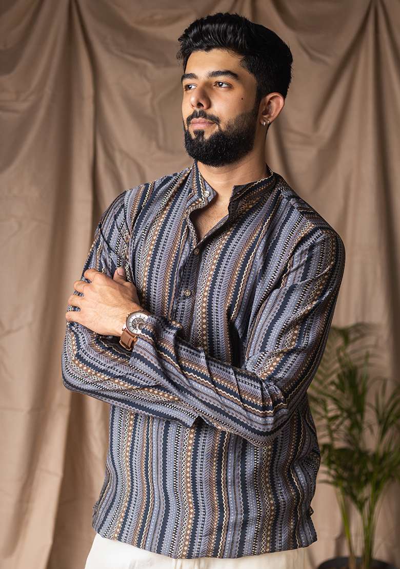 Blue Printed Silk Short Kurta For Men - Indya