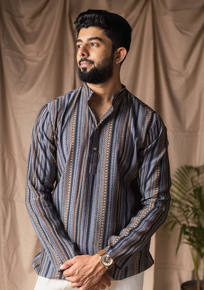 Blue Printed Silk Short Kurta For Men - Indya