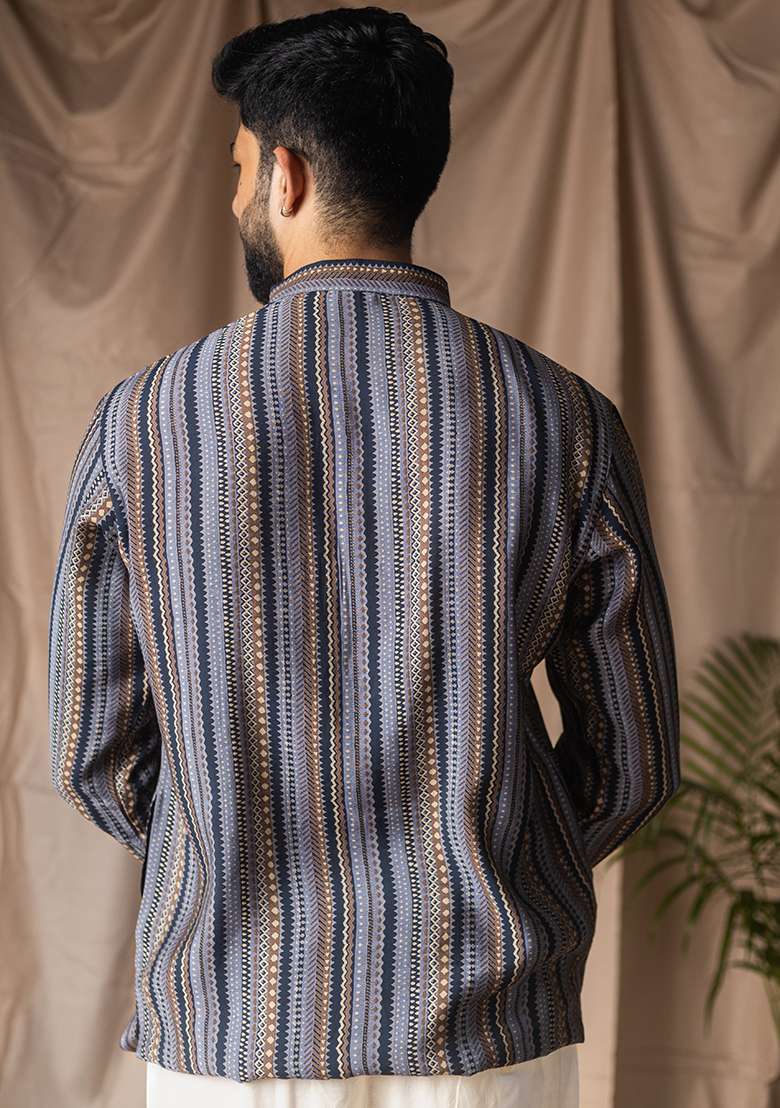 Blue Printed Silk Short Kurta For Men - Indya
