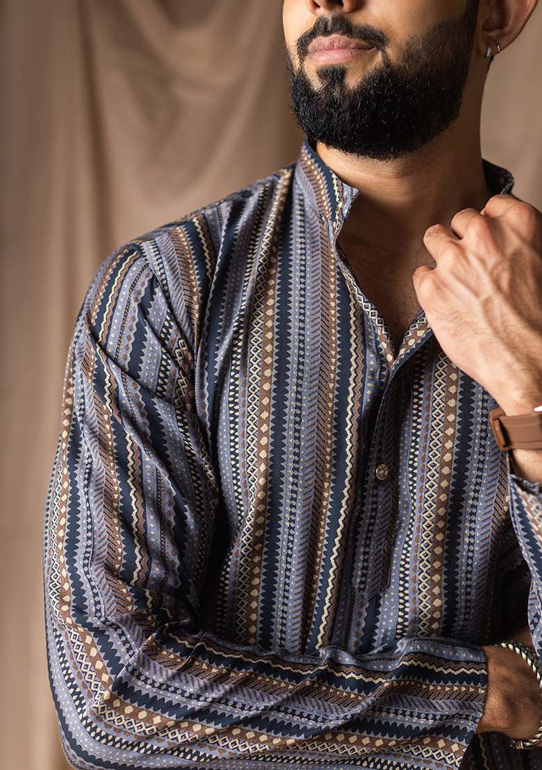 Blue Printed Silk Short Kurta For Men - Indya