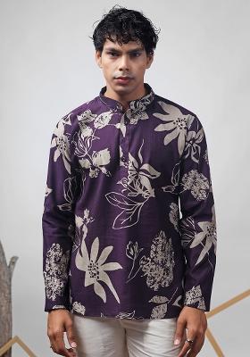 Purple Printed Muslin Short Kurta For Men
