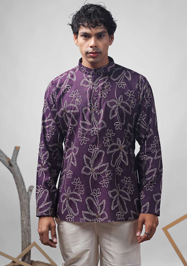 Purple Printed Muslin Short Kurta For Men - Indya