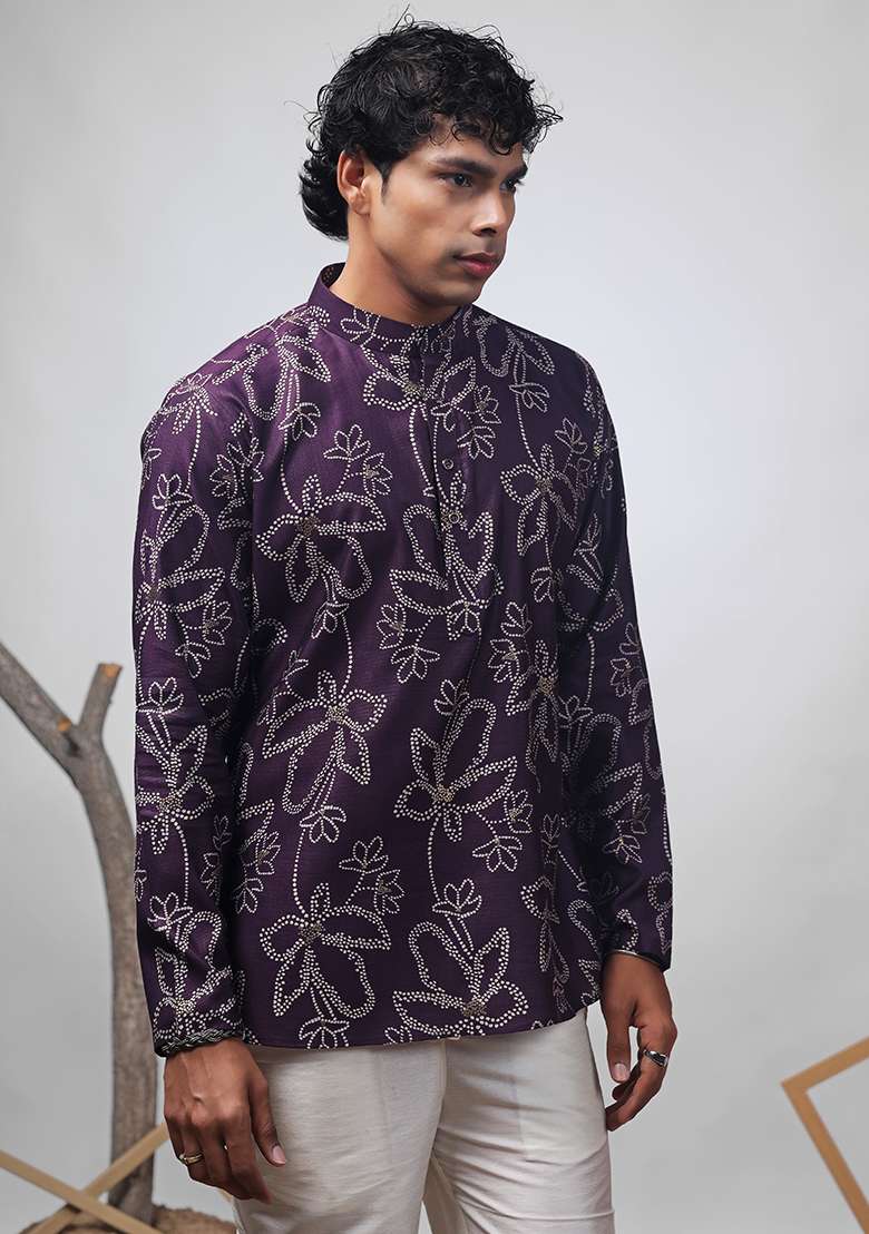 Purple Printed Muslin Short Kurta For Men - Indya