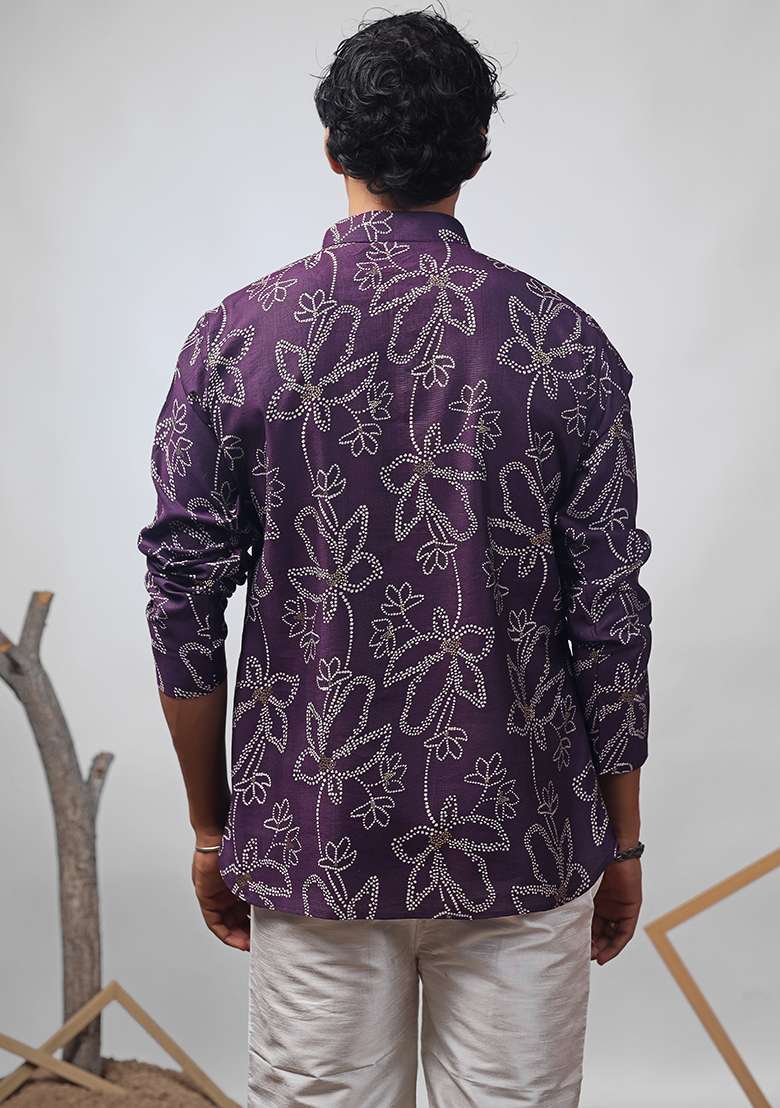 Purple Printed Muslin Short Kurta For Men - Indya