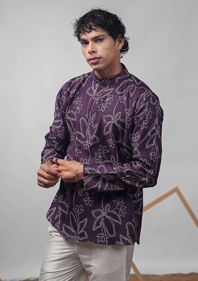 Purple Printed Muslin Short Kurta For Men - Indya