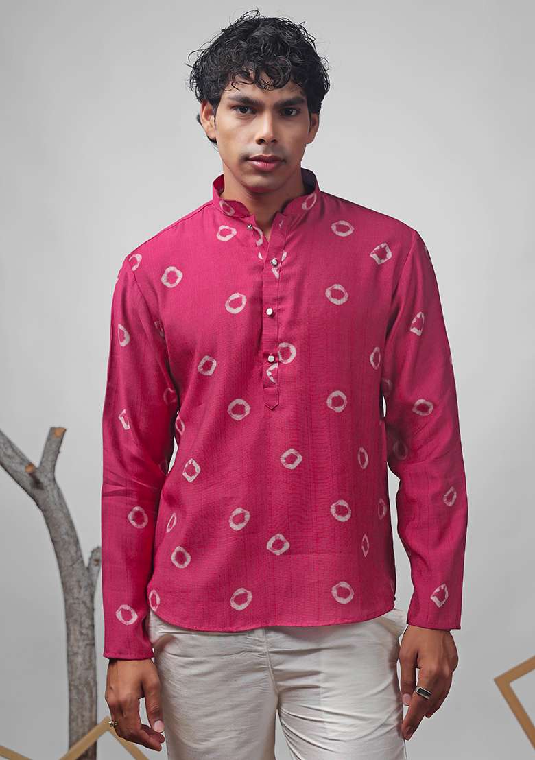 Pink Printed Viscose Short Kurta For Men - Indya