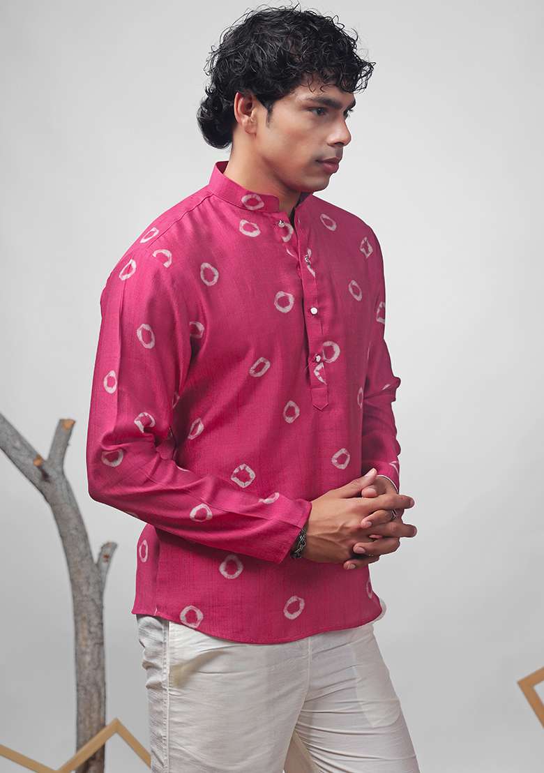 Pink Printed Viscose Short Kurta For Men - Indya