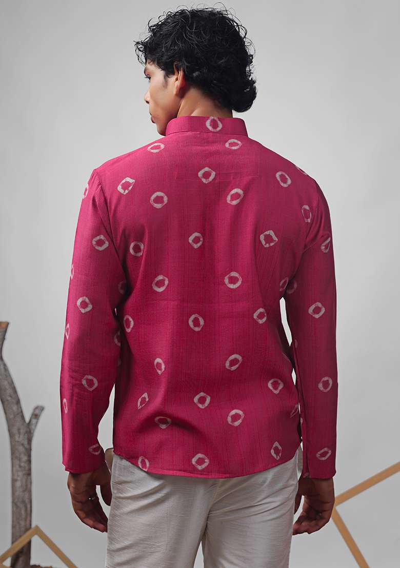 Pink Printed Viscose Short Kurta For Men - Indya