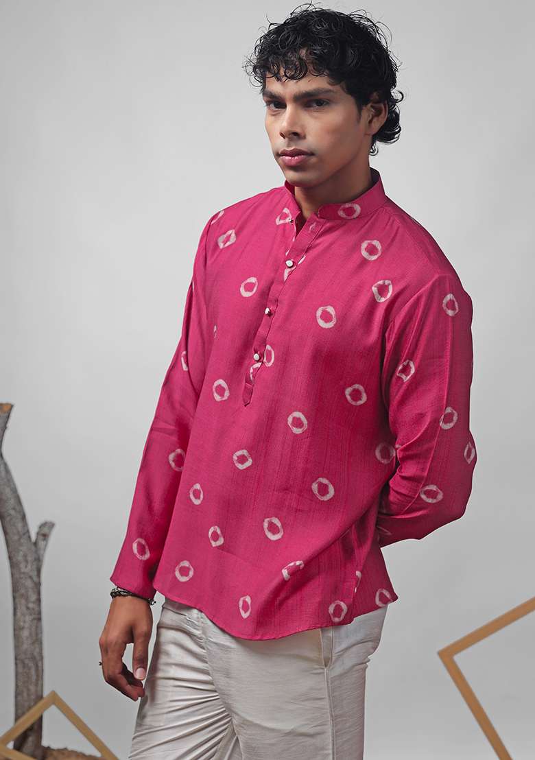 Pink Printed Viscose Short Kurta For Men - Indya