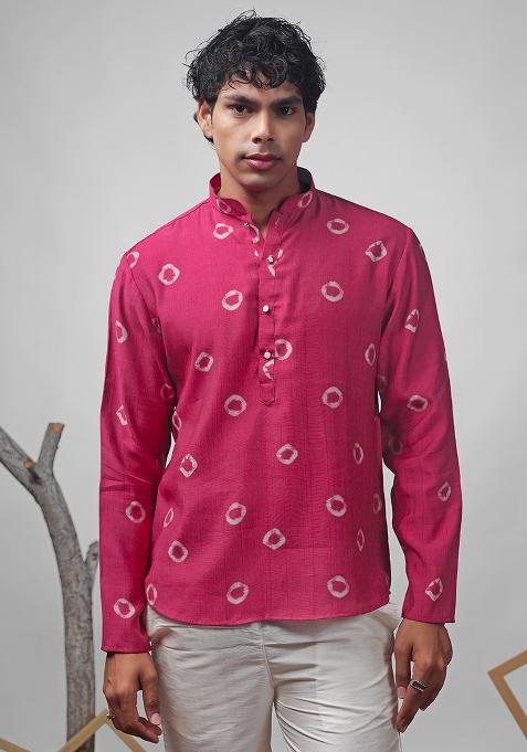 Pink Printed Viscose Short Kurta For Men