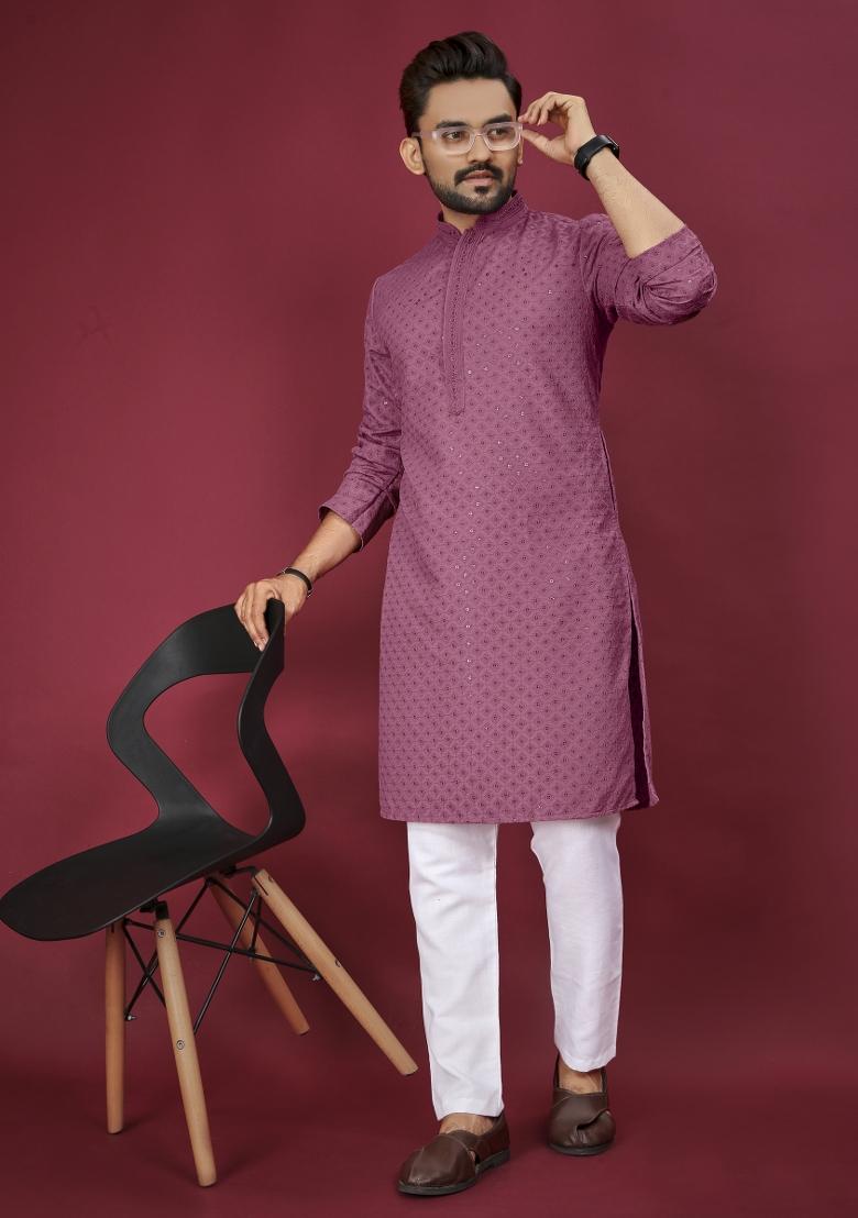 Pink Embroidered Cotton Rayon Kurta Pajama Set For Men