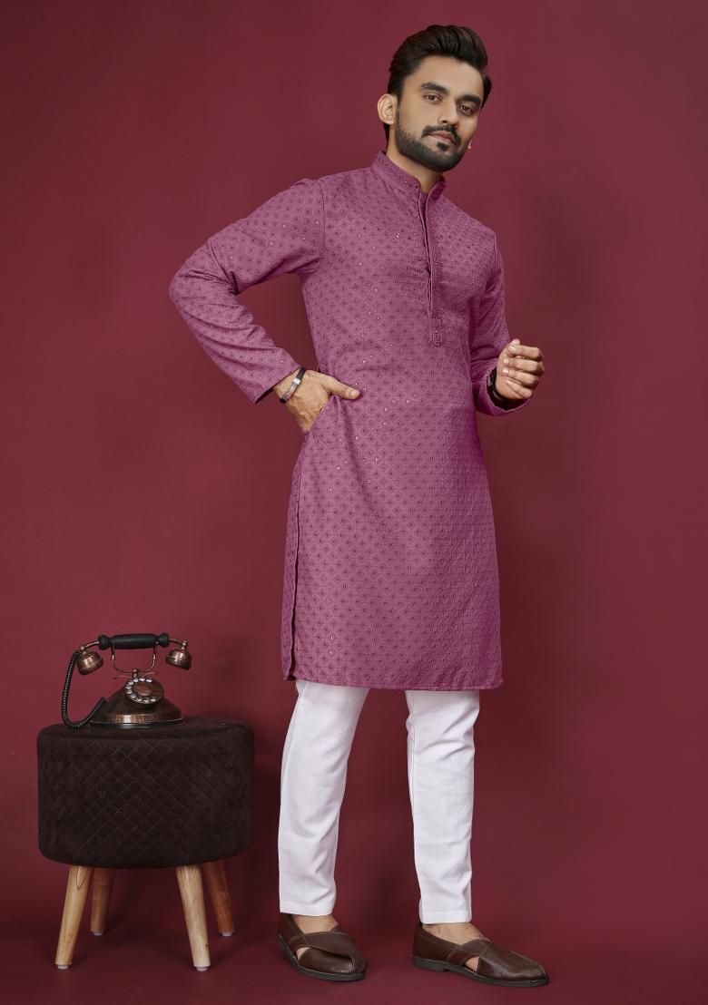 Pink Embroidered Cotton Rayon Kurta Pajama Set For Men
