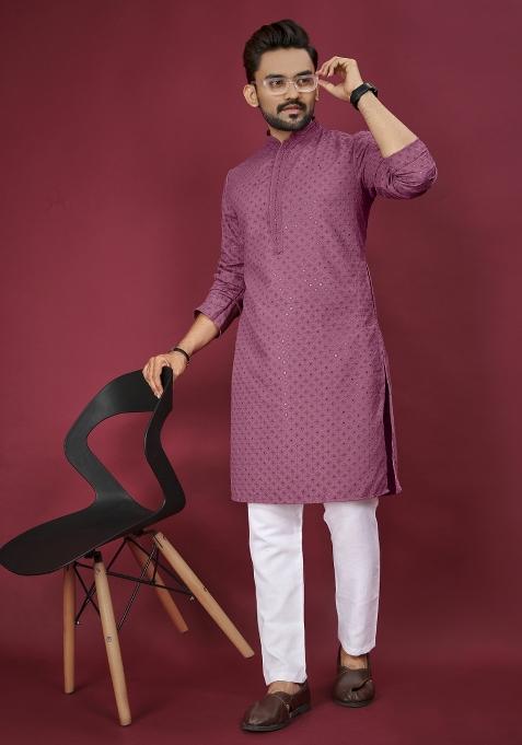 Pink Embroidered Cotton Rayon Kurta Pajama Set For Men
