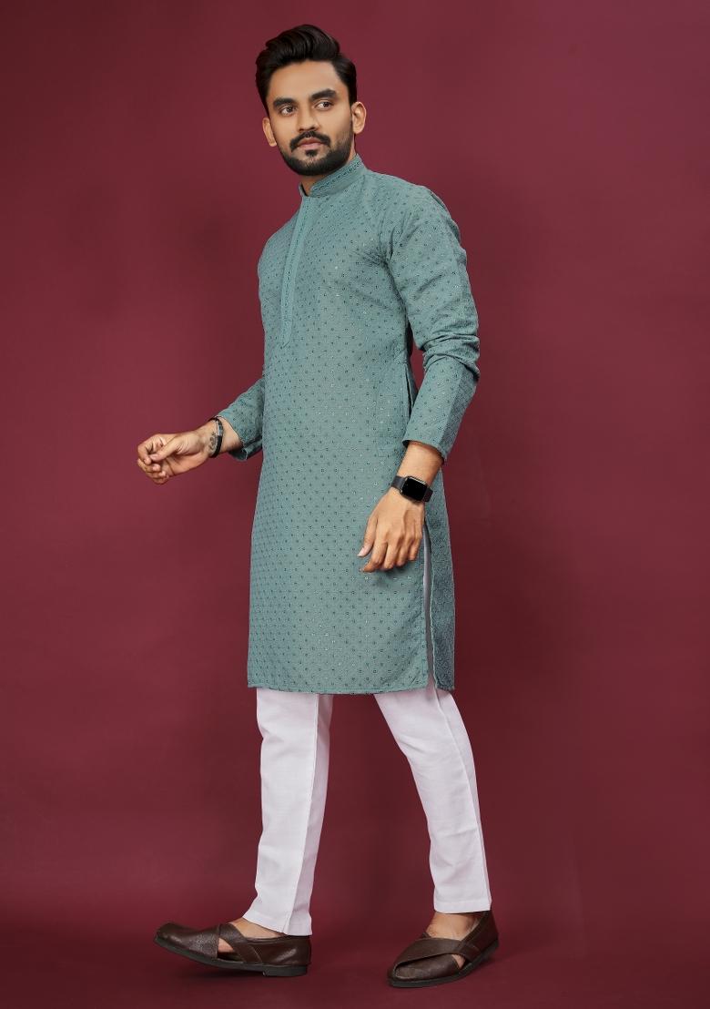 Sea Green Embroidered Cotton Rayon Kurta Pajama Set For Men